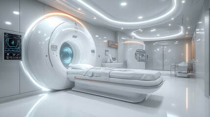 A futuristic radiology center featuring AI-assisted imaging analysis and automated diagnosis