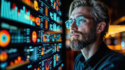Tech professional analyzes data visualization dashboard on digital display. Software developer with beard and glasses studies analytics graphs. Intelligence expert at neon lit computer interface