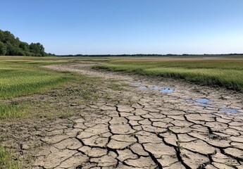 Dried cracked earth path through grassy marsh on a clear day