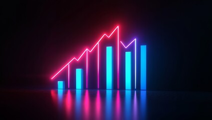 3D render of a glowing neon bar graph with a rising trend line on a black background. The neon lights are in shades of blue, red, and pink.