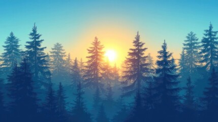Sunrise in a misty coniferous forest