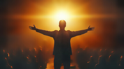Fototapeta premium Human silhouette with raised arms at sunrise. Spiritual faith moment with divine light rays. Religious worship scene with congregation. Sacred meditation and peaceful enlightenment in golden sunlight.