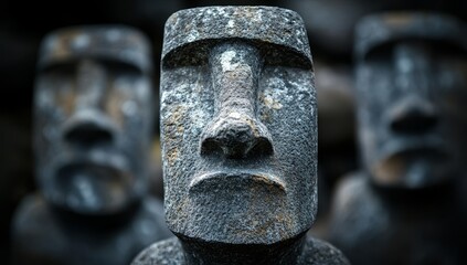 A close-up of stone Easter Island head statues with a dark background, creating an eerie and mysterious atmosphere. 