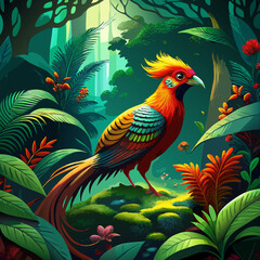 Vibrant Tropical Parrot in Lush Jungle with Exotic Flowers and Bright Feathers

