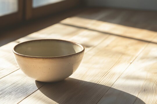 A ceramic bowl with a speckled glaze sits on a wooden table, illuminated by warm natural sunlight streaming through a window