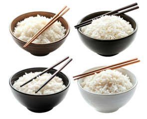 Set of delicious freshly cooked white rice in bowls with chopsticks, isolated on transparent cutout background