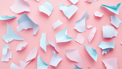 3D isometric, pastel-colored, broken pieces of paper on a pink background.
