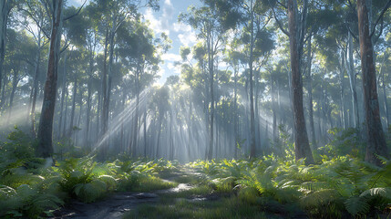 Obraz premium Mystical Sunbeams Illuminate Lush Green Forest Path Ferns Trees
