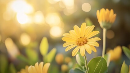 A yellow flower in the foreground, with other flowers blurred behind it, creating an elegant and soft background. The sunlight creates a warm glow on the petals of each daisy, giving them a vibrant ap
