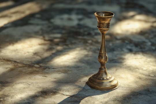 An antique brass candlestick holder stands alone on a weathered stone surface, bathed in soft dappled sunlight
