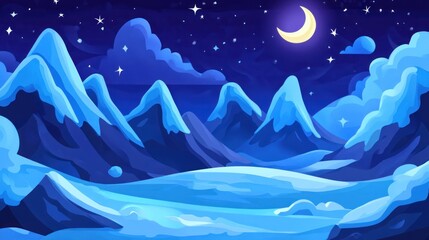 Obraz premium Snowy Mountains Landscape Under Starry Night Sky with Crescent Moon