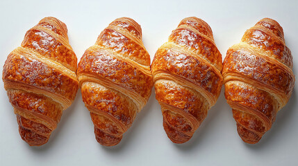 Four golden-brown croissants, sprinkled with sugar, lie on a pristine white surface, ready to be enjoyed