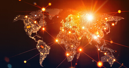 Global network on world map with glowing orange connections. Digital data points linked across continents. Abstract technological grid over planet with bright nodes. International cyber mesh