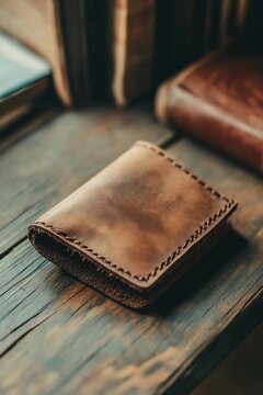 A handcrafted leather wallet with rustic stitching rests on a weathered wooden surface, evoking a sense of craftsmanship and nostalgia
