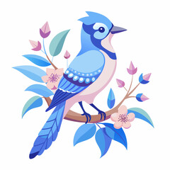 Vibrant Blue Jay Watercolor Illustration with Floral Branch and Pink Blossoms

