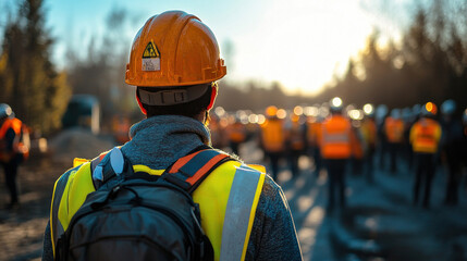 Fototapeta premium A safety officer inspecting workers wearing protective gear at a construction site