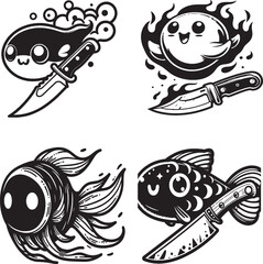 Quirky Cartoon Creatures with Knives &ndash; Black-and-White Hand-Drawn Illustrations