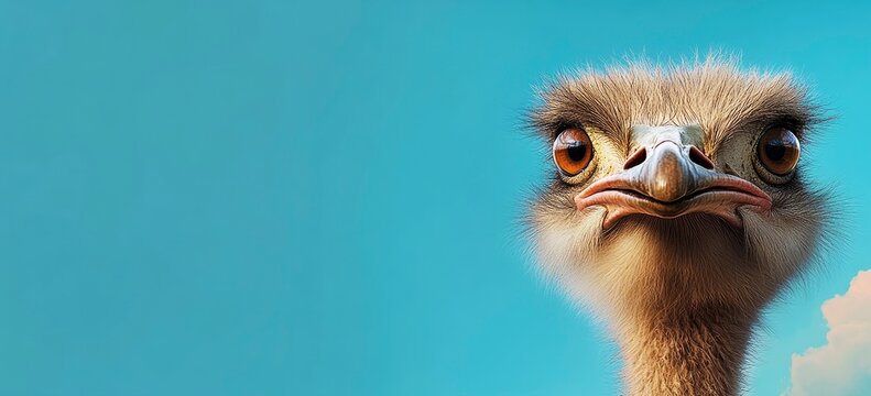 Photo of a curious ostrich's face looking directly at the camera, isolated on a blue sky background with copy space.