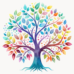 Fototapeta premium Vibrant Watercolor Tree of Life with Rainbow Leaves and Whimsical Design