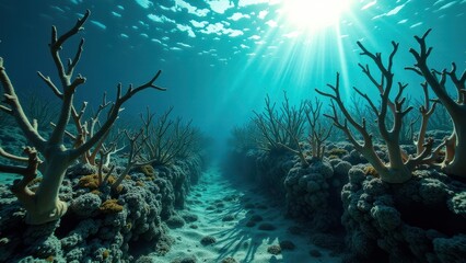 Sunlight over bleached staghorn coral reef highlighting underwater marine ecosystem damage	