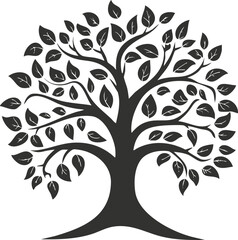 Silhouette of a tree with detailed leaves on a white background.