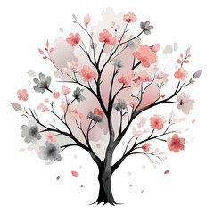 Watercolor Cherry Blossom Tree Illustration with Soft Pink and Gray Flowers

