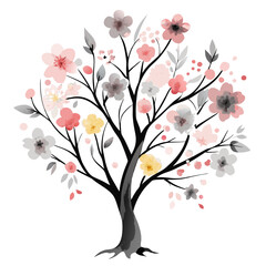 Watercolor Cherry Blossom Tree Illustration with Soft Pink and Gray Flowers

