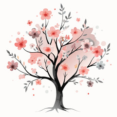 Watercolor Cherry Blossom Tree Illustration with Soft Pink and Gray Flowers

