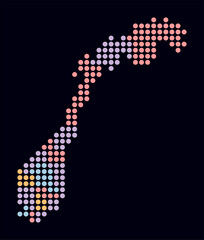 Norway dotted map. Digital style map of the country on a dark background. Norway shape with circle dots. Colored dots style. Large size circles. Classy vector illustration.