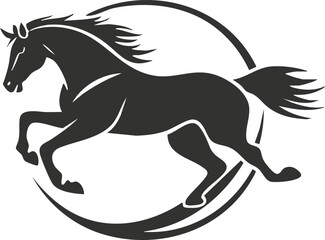Silhouette of a galloping horse within a circular design, black and white.