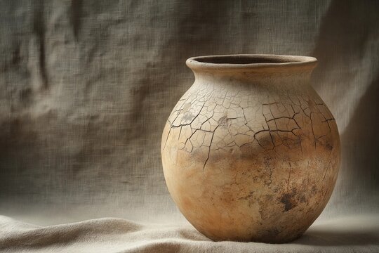 A rustic clay pot with a cracked surface sits on textured fabric, illuminated by soft, natural light, evoking an ancient and artisanal aesthetic