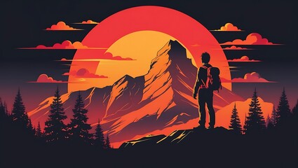 Naklejka premium Adventurous hiker admires a majestic mountain sunset.