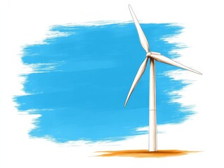 Modern wind turbine standing against blue sky with abstract brushstroke background symbolizing clean energy sustainability and technological advancement in contemporary digital artwork