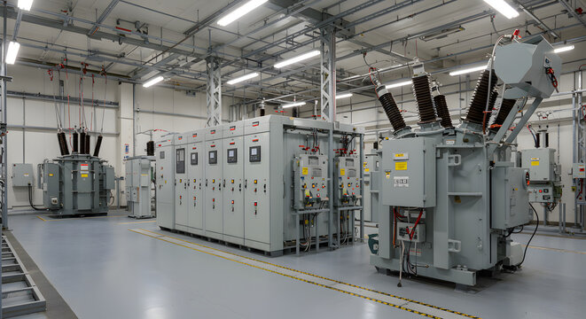 Industrial Power Transformer and Control Panel in Electrical Substation