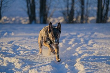 Beautiful DDR German Shepherd dogs play in a fairytale snowy landscape on a farm in Skaraborg...