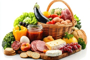 Assorted fresh produce and dairy in wicker basket on wooden board