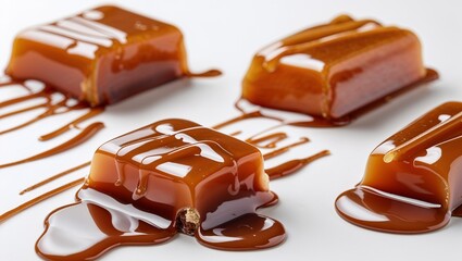 Four Pieces of Caramel Candy Topped with Sea Salt ,Irresistibly delicious salted caramel cubes float effortlessly in a beautifully rich, flowing syrup