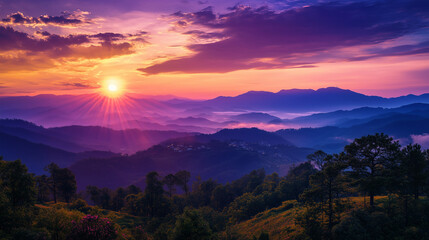 Naklejka premium Breathtaking sunrise over misty mountain layers for travel, nature, and mindfulness themes