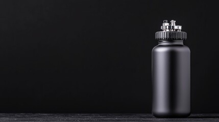 Black bottle on dark wood, empty space, product shot