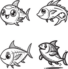 Whimsical Cartoon Fish Designs – Playful Black-and-White Aquatic Illustrations