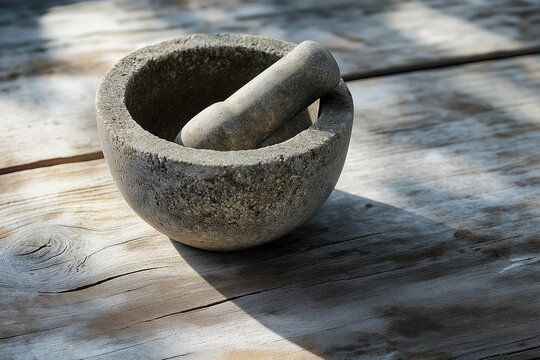 A rustic stone mortar and pestle sits on a weathered wooden surface, bathed in soft natural light, evoking a sense of tradition and culinary heritage