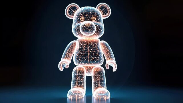 3D wireframe bear toy model with glowing effects on a dark background and copy space