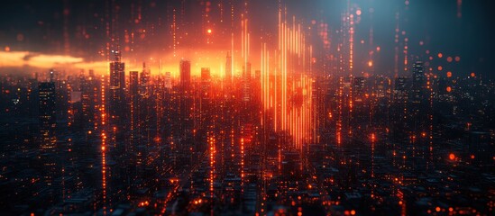 Fototapeta premium Futuristic city skyline at sunset with digital data streams.