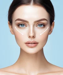 A beautiful woman with clean and smooth skin on her face, white lines drawn in the shape of squares representing laser microneedling for aesthetic facial contour treatment on an isolated background.