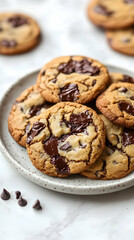 Delicious homemade chocolate chip cookies, freshly baked and stacked on a speckled plate.  Perfect for dessert or snack.