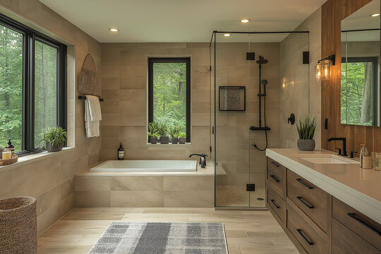 Photographie immobili&egrave;re d&rsquo;une salle de bain moderne avec douche &agrave; l&rsquo;italienne, meuble vasque suspendu et accessoires noirs mats. HDR, 3D, design, tendance, architecte