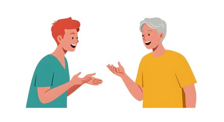 Obraz premium Two men of different ages are engaged in a friendly conversation, expressing ideas and opinions in a positive exchange with animated gestures.