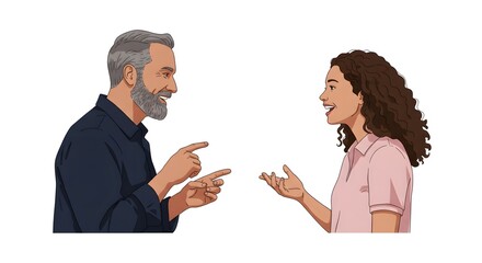 Fototapeta premium An illustration features a smiling, bearded mature man conversing with a young woman, both gesturing, set against a clean, simple white background.