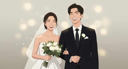 An Asian bride and groom, radiant with joy, link arms in a charming cartoon wedding portrait, with a white bouquet and bokeh backdrop.