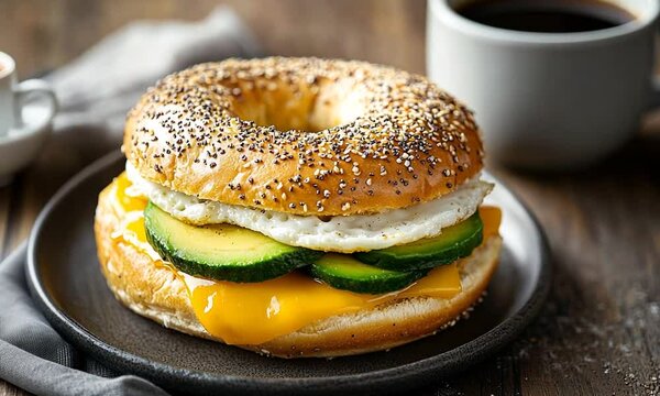 Freshly made bagel sandwich with cheese and vegetables on a wooden table
